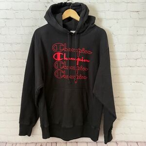 2018 Champion Reverse Weave Black Multi Red Script Logo Hoodie Sweatshirt
